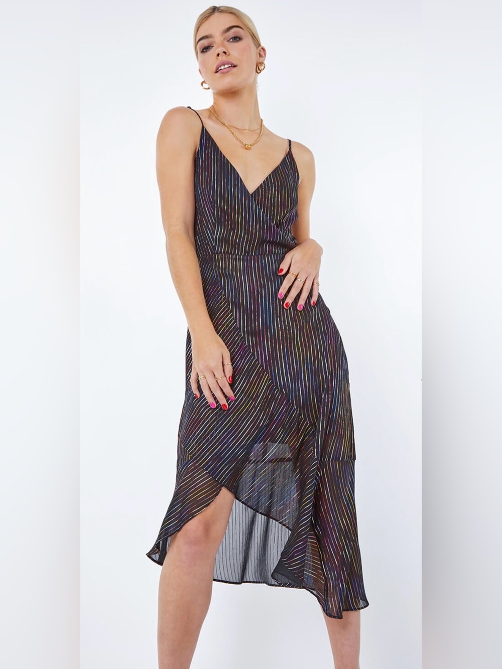 Warehouse Black Slip Dress with Metallic Multi-Stripe Detail 
C3